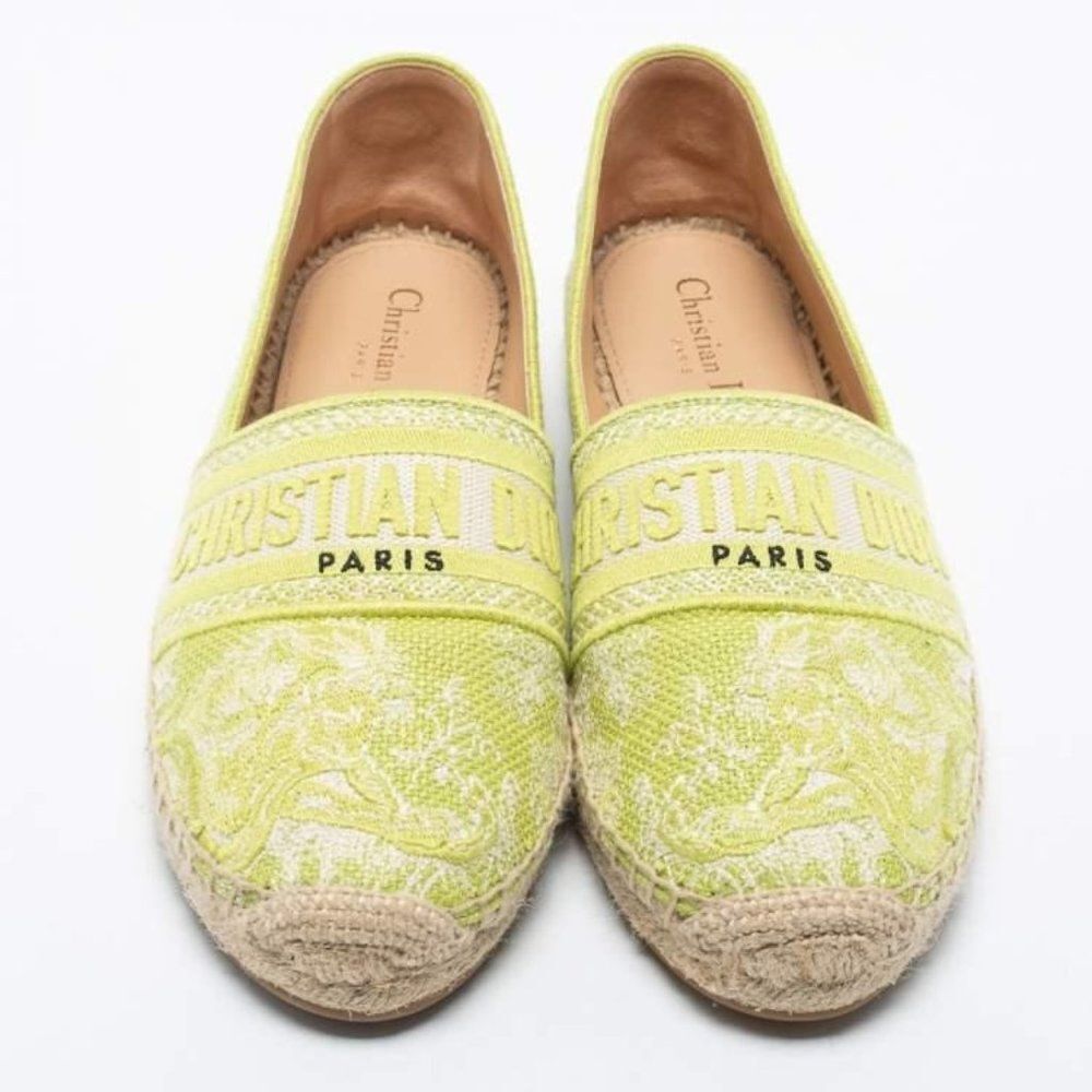 Authentic Christian DIOR Granville Lime Green Floral Flat Espadrilles Si…